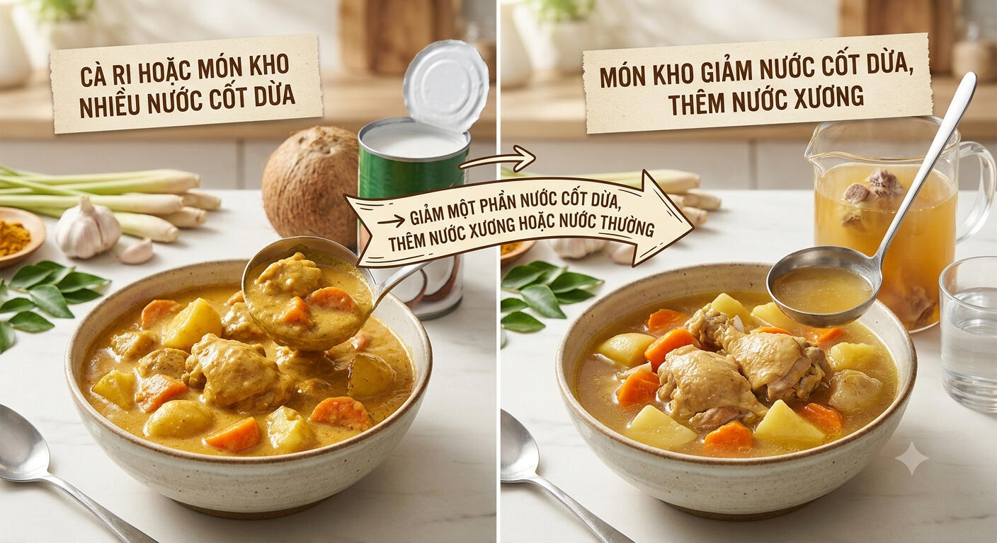 6. Cà ri hoặc món kho nhiều nước cốt dừa → Giảm một phần nước cốt dừa, thêm nước xương hoặc nước thường