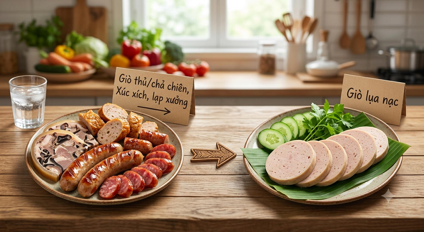 3. Giò thủ/chả chiên, Xúc xích, lạp xưởng → Giò lụa nạc