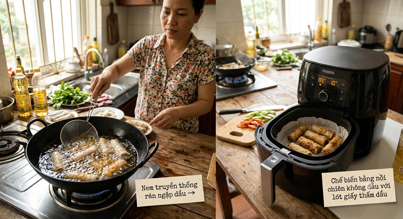 5. Nem truyền thống rán ngập dầu → Chế biến bằng nồi chiên không dầu với lót giấy thấm dầu