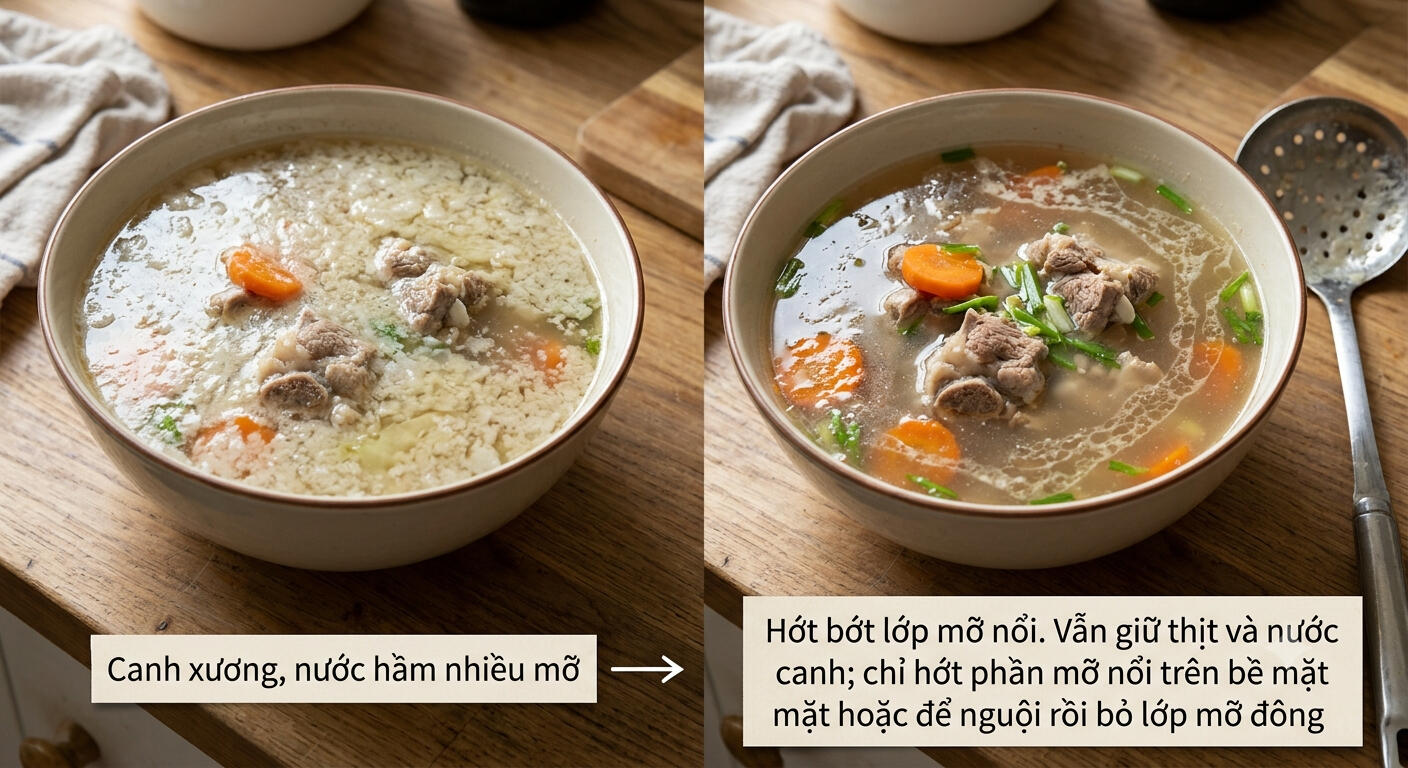 4. Canh xương, nước hầm nhiều mỡ → Hớt bỏ bớt lớp mỡ nổi cho tới khi nước trong
