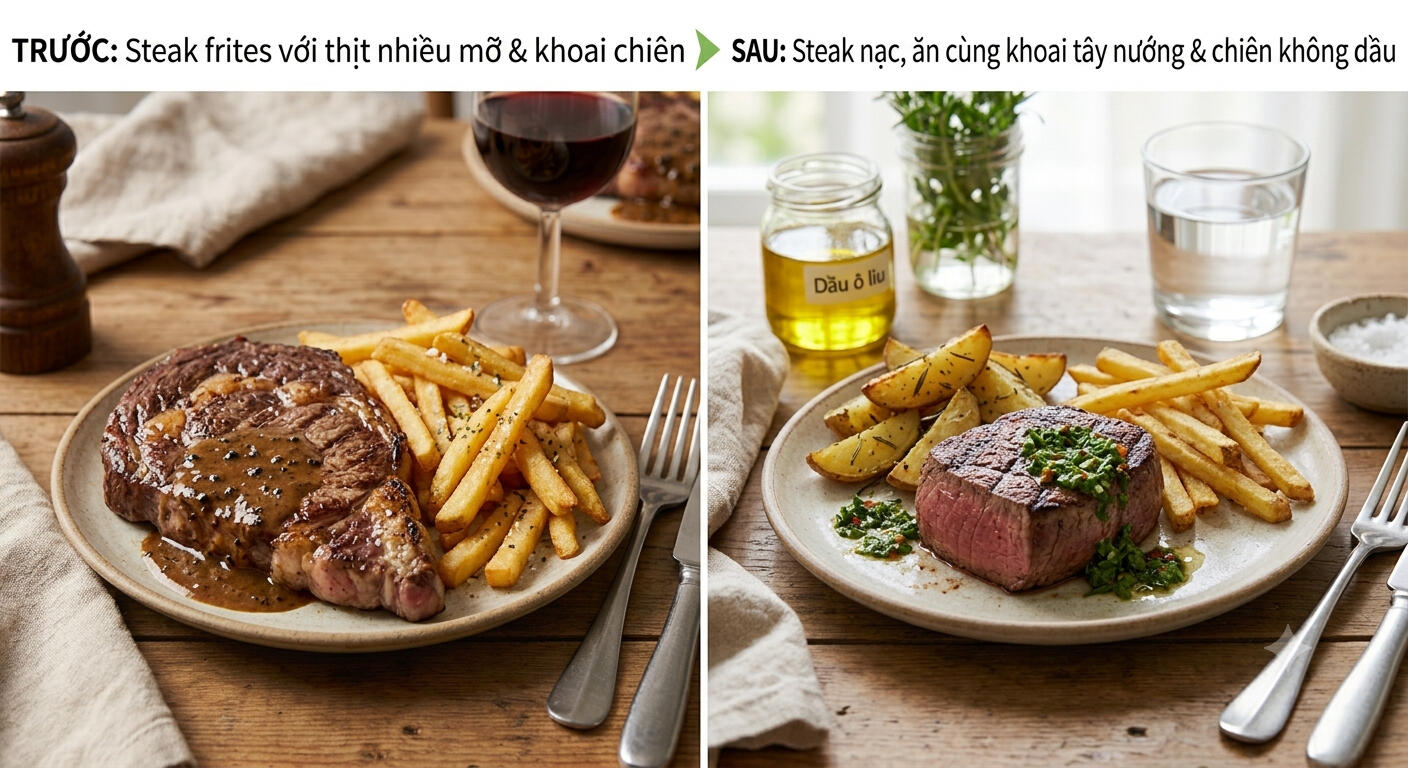 5. Steak frites với thịt nhiều mỡ và khoai chiên → Steak dùng phần bò nạc hơn, ăn cùng khoai tây nướng hoặc chiên không dầu