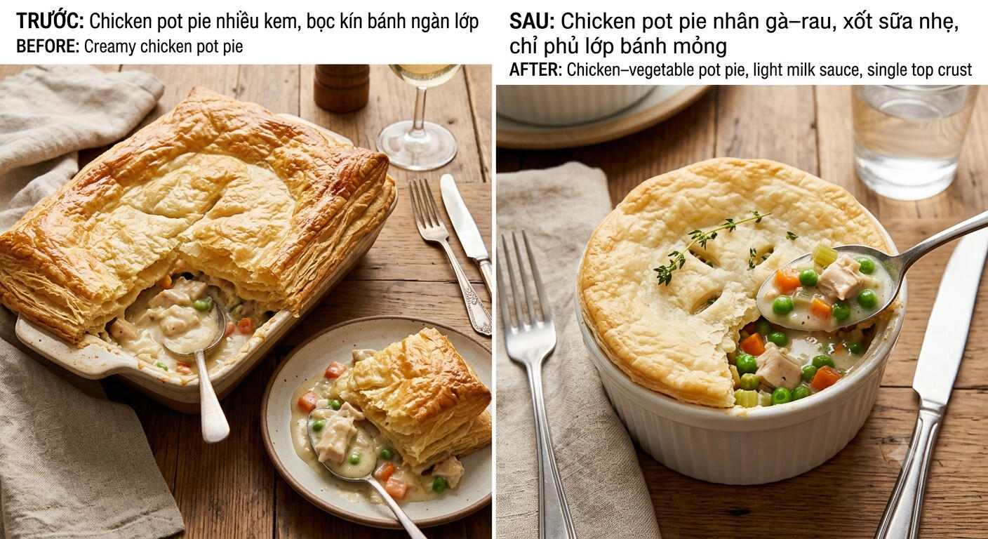 7. Chicken pot pie nhiều kem và bọc kín bánh ngàn lớp → Chicken pot pie dùng nhân gà–rau với xốt sữa nhẹ, chỉ phủ một lớp bánh mỏng phía trên