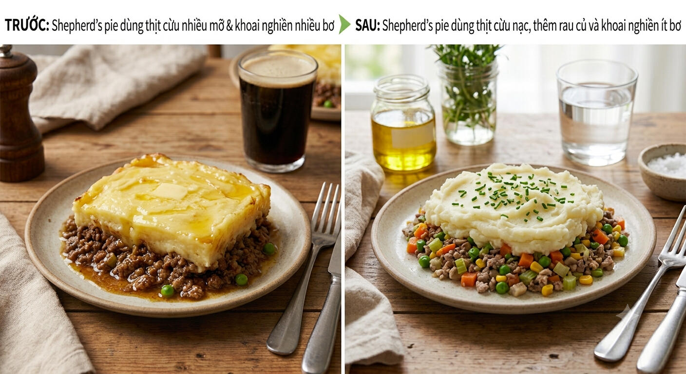 6. Shepherd’s pie dùng thịt cừu nhiều mỡ và khoai nghiền nhiều bơ → Shepherd’s pie dùng thịt cừu nạc, thêm rau củ và làm lớp khoai nghiền bằng sữa với ít bơ hơn