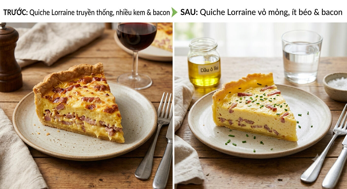 4. Quiche Lorraine nhiều kem, bacon và vỏ bơ → Quiche Lorraine dùng vỏ bánh mỏng, sữa pha một ít kem và giảm bacon nhưng vẫn giữ nhân trứng mềm