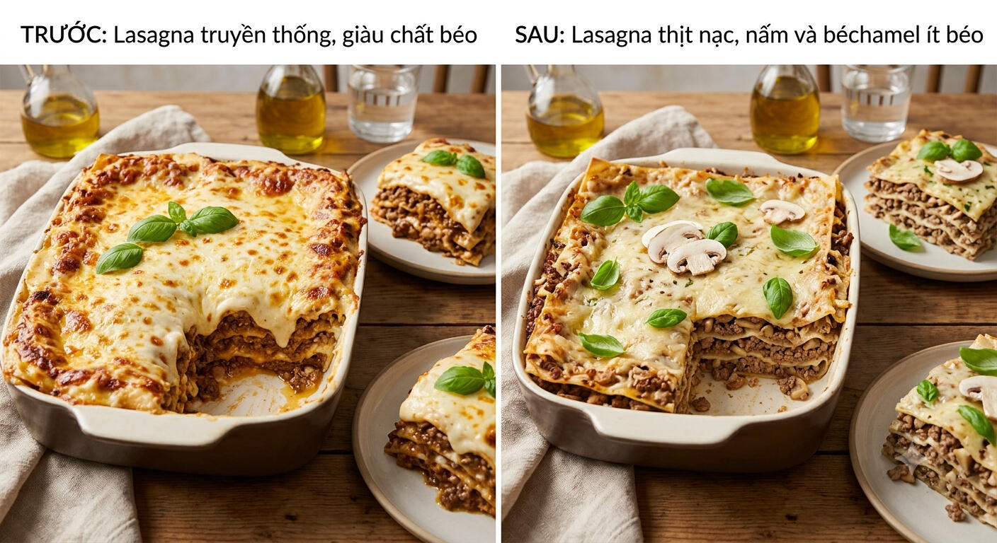 3. Lasagna nhiều thịt mỡ, béchamel và phô mai → Lasagna dùng thịt bò nạc pha nấm, béchamel nấu bằng sữa ít béo và phủ lớp phô mai mỏng hơn