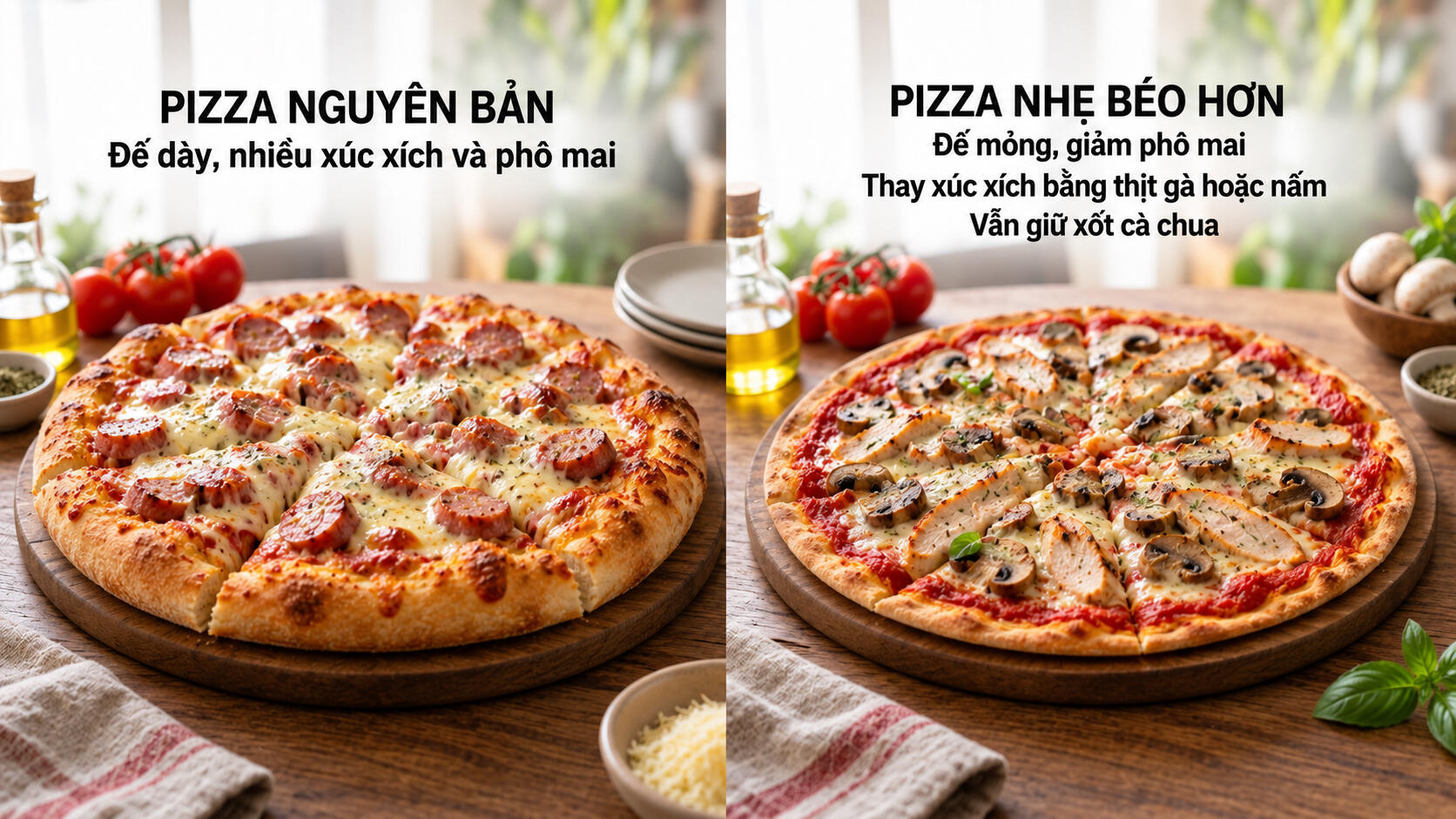 2. Pizza đế dày, nhiều xúc xích và phô mai → Pizza đế mỏng, giảm phô mai, thay xúc xích bằng thịt gà hoặc nấm nhưng vẫn giữ xốt cà chua
