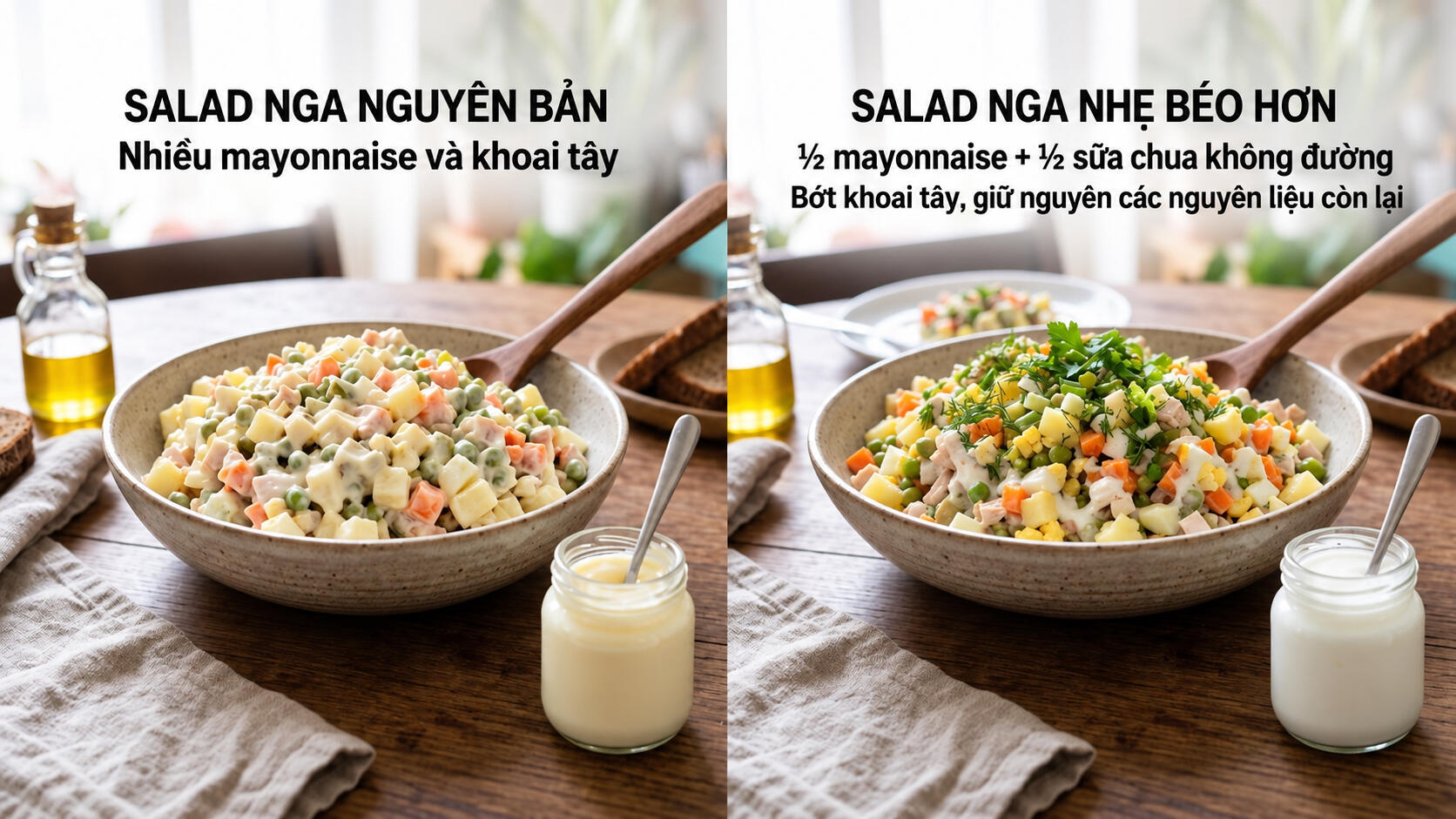 1. Mayonnaise trong salad → giảm lượng mayo hoặc trộn mayo light với sữa chua không đường; nếu muốn thay hẳn, dùng sữa chua + giấm/chanh làm sốt